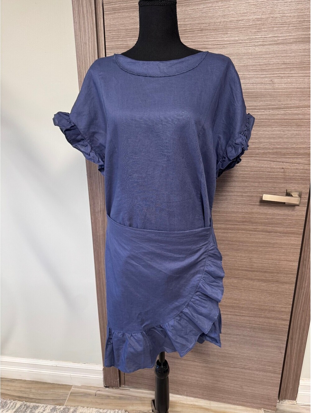 Sweet Claire Blue Wrap Ruffle Dress Women Large Short Sleeve Tie Waist Mini